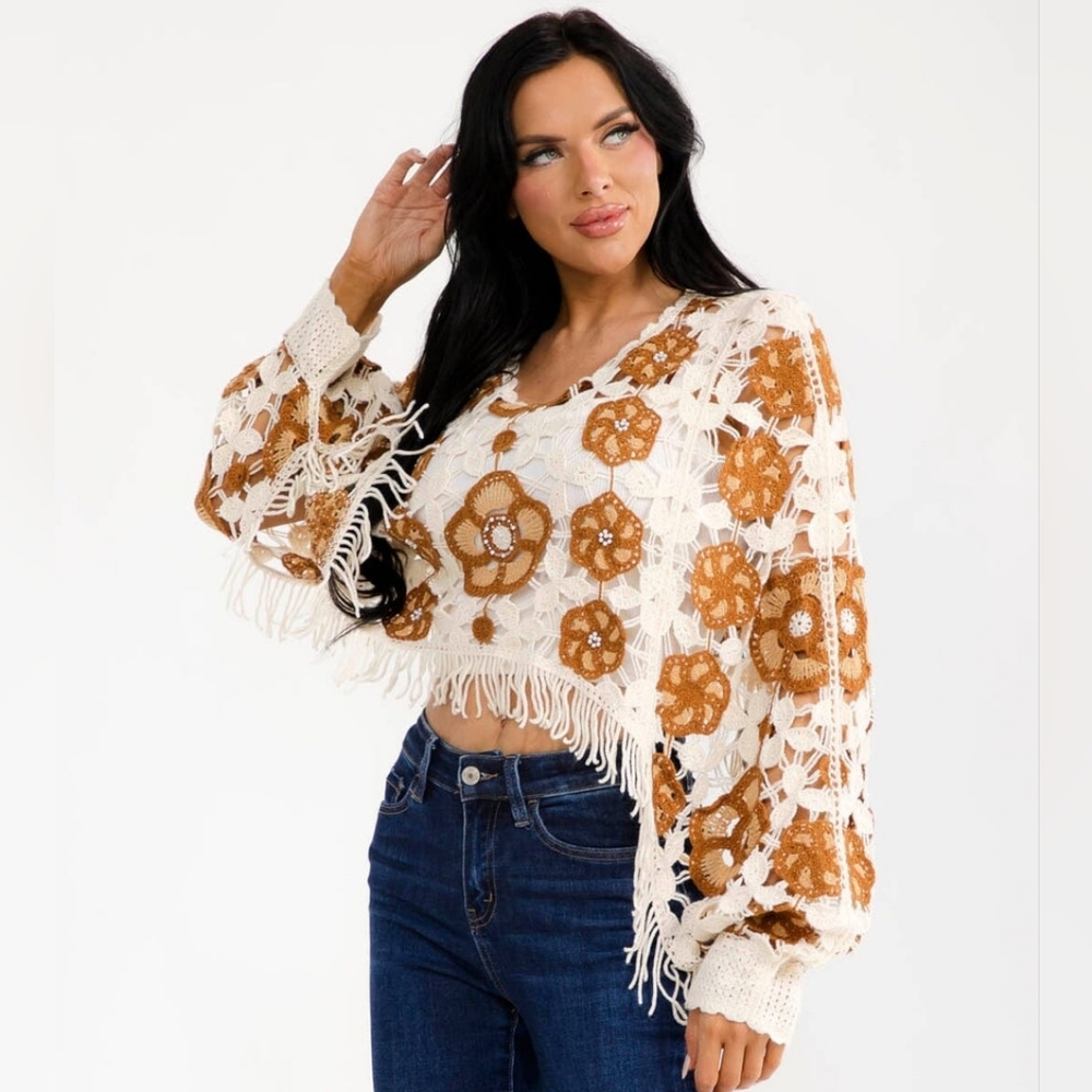 Boho Crochet Floral Fringe Crop Sweater Top Cream Brown Long Sleeve - Picture 1 of 5